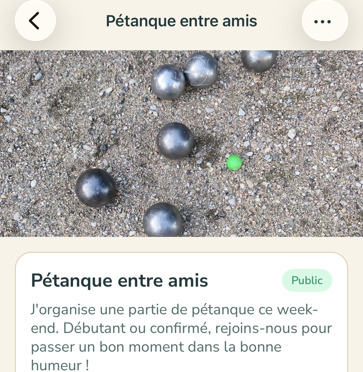 Événement organisé dans l'application HobiPal : une partie de pétanque entre membres